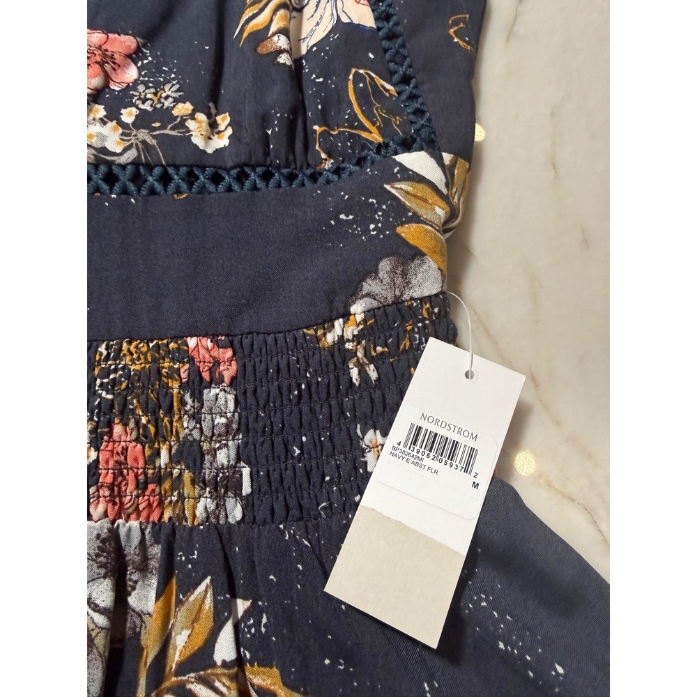 BP Nordstrom Floral Halter Maxi Dress Navy Blue Smocked Waist Open Back NWT - Picture 10 of 12